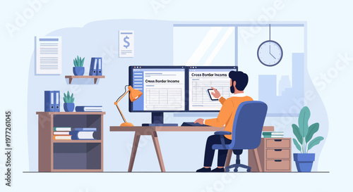 Man Working on Computer at Desk.