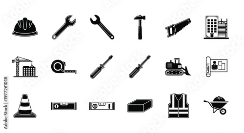 Construction tools and equipment icons in a flat black silhouette