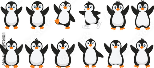 Cute penguin characters set with different poses and expressions, adorable cartoon animals for kids, winter theme and playful vector illustration collection