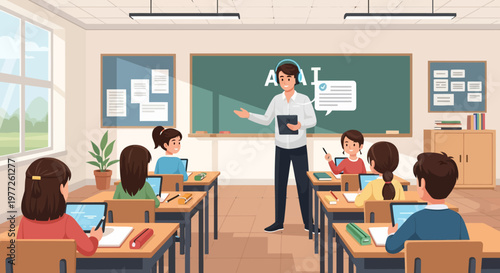 Teacher instructing students in a classroom setting.