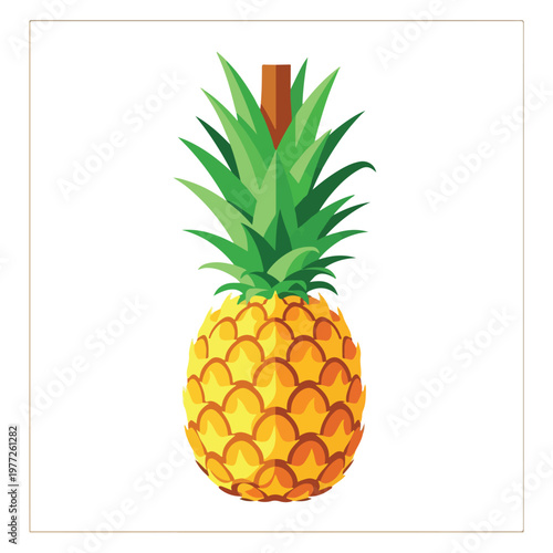 Pineapple with green leaves and brown stem on white background