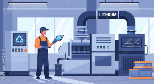 Technician Inspecting Lithium Battery Manufacturing Equipment.