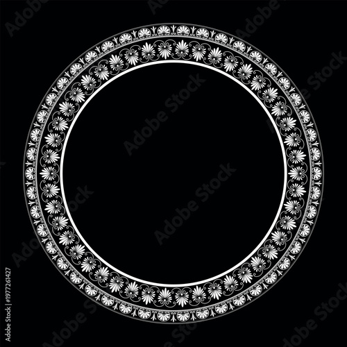 Black white round frame with floral pattern on black background. Stencil. Decorative frame with arabesque ornament. Plate with arabesque. Greek palmette ornament. For engraving, plate, porcelain