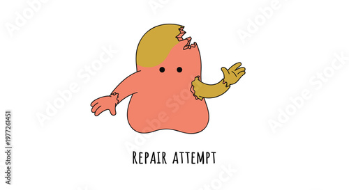 Broken character, repair attempt, damaged creature, vector illustration