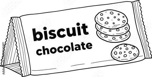 Chocolate Biscuit Packaging Wrapper Illustration with Cookies Sketch Style Line Art Vector Design for Snack Branding, Food Labels, and Product Mockups