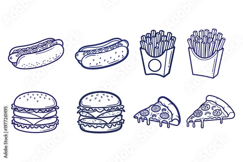 Sketch of fast food hot dogs french fries burgers and pizza slices