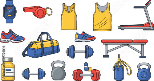 Fitness and gym equipment collection with dumbbells treadmill sportswear and accessories in flat vector style, workout and training icons isolated on white background