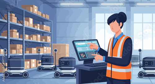 Warehouse Worker Managing Inventory on Computer.