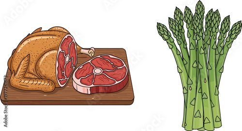 Food Ingredient Illustration Set with Raw Meat Chicken Steak and Fresh Asparagus for Cooking Kitchen and Healthy Meal Design Collection