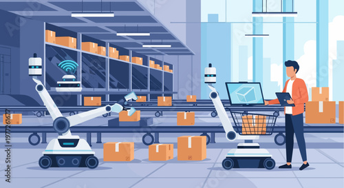 Warehouse Worker with Robotic Assistance Devices.