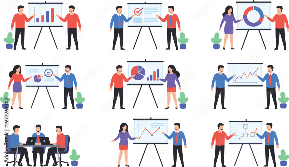 Fototapeta premium Business team presenting charts graphs and analytics data during meetings showing financial growth strategy planning and corporate teamwork concepts