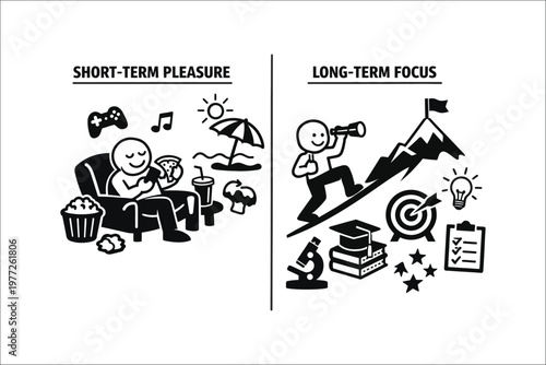 Short-Term Pleasure vs Long-Term Focus  Success Mindset Concept Illustration 