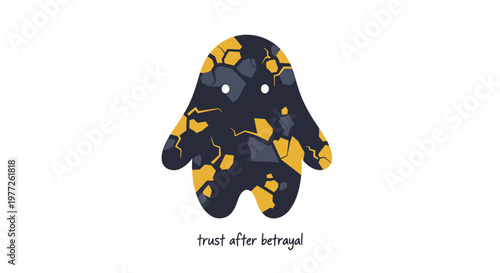 Sad monster, broken trust concept, emotional creature, betrayal illustration, vector character