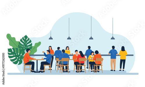 Busy cafe interior with diverse people socializing, drinking coffee, chatting at tables, modern bar counter scene, flat vector illustration