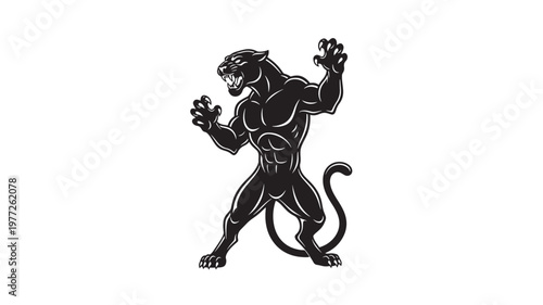 Panther silhouette snarling with sharp claws extended and muscular body in an aggressive pose against white background