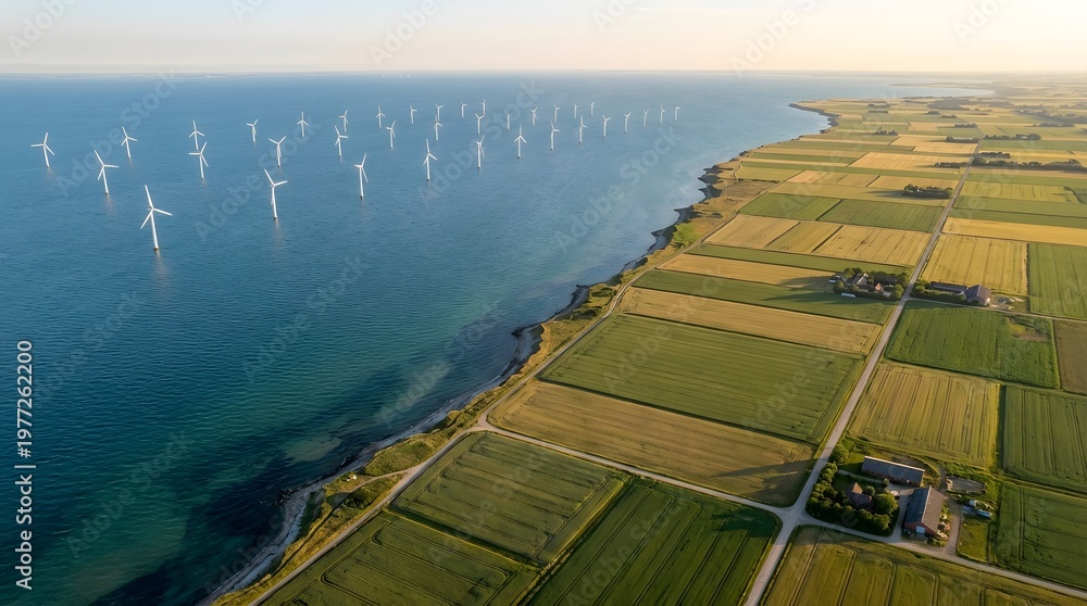 Obraz premium Aerial view of a coastal landscape featuring a large offshore wind farm and patchwork agricultural fields under a clear sky