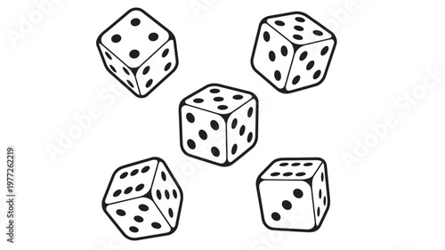 Dice set with numbers displayed on their faces, a gambling game element in bold black outlines featuring cube, luck, chance with pips and dots