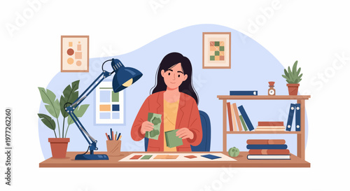 Woman Working at Desk with Coffee.