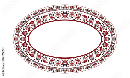 Decorative oval frame with floral ornaments. Oval frame Greek palmette ornament. Plate with floral design. Classic antique border for textile, engraving, embroidery, porcelain, Mediterranean ceramic, 