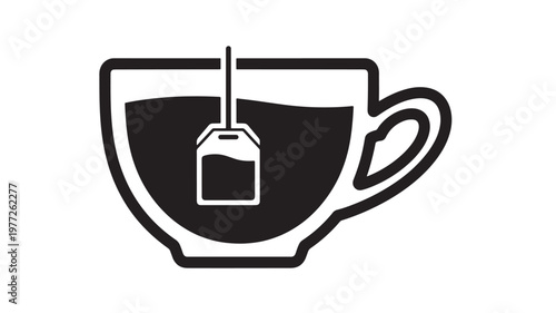 Cup of tea with a tea bag icon, stylized black and white graphic symbol for beverage. featuring drink, hot, warm with refreshment and morning