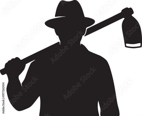 Silhouette of a cowboy holding a lasso and a canteen