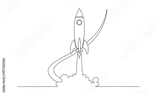 Single continuous line drawing of a rocket ship blasting off into space representing business growth