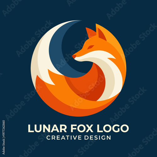 The image presents a sleek logo of a lunar fox intertwined with a crescent moon, symbolizing creativity, intelligence, and artistry in visual branding.