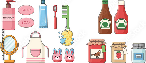 Household items and toiletries collection with shampoo soap toothbrush kitchen jars and condiments in flat vector style, everyday objects isolated on white background