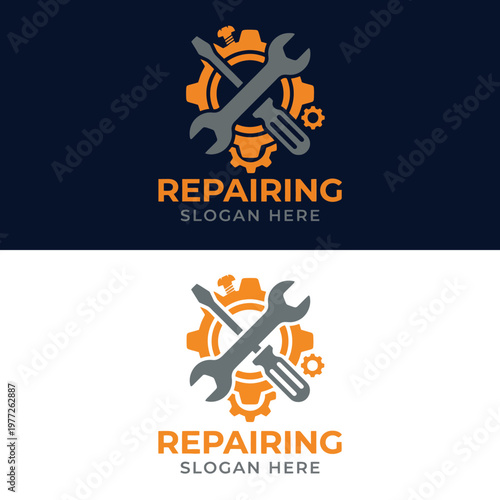 This logo features a wrench and screwdriver crossing inside a gear, symbolizing reliability in repair services aimed at various technological and mechanical aspects.