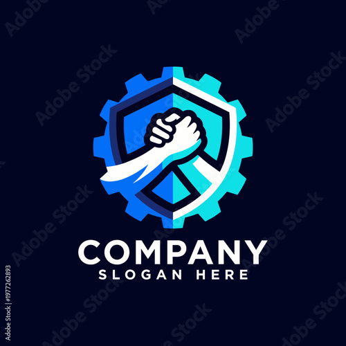 The logo combines a shield and gear with a symbolic handshake, representing security and collaboration in a trustworthy service, perfect for businesses prioritizing safety and integrity.