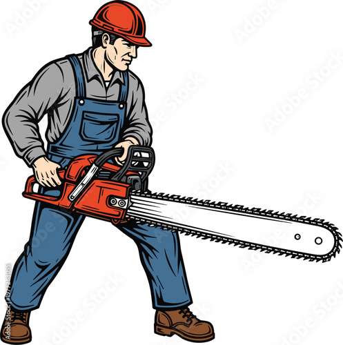 Lumberjack worker using chainsaw in flat vector style, construction and forestry professional cutting wood isolated on white background for industry and labor design