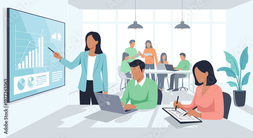 A diverse group of professionals actively participating in a business meeting, with a presenter explaining data on a large screen.