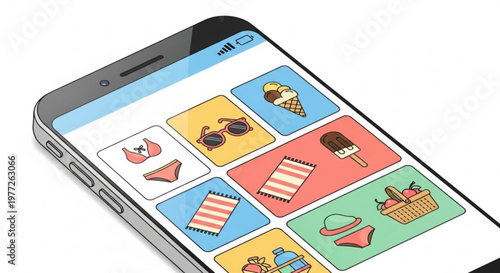 A vector graphic illustration of a smartphone screen displaying a colorful summer shopping app with various icons