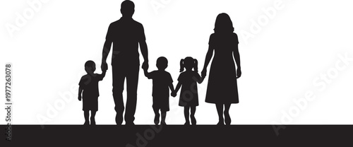 Family silhouette holding hands walking together in unity