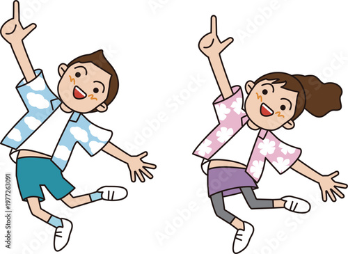日本の小学生の男の子と女の子。笑顔でジャンプしてるイラスト。