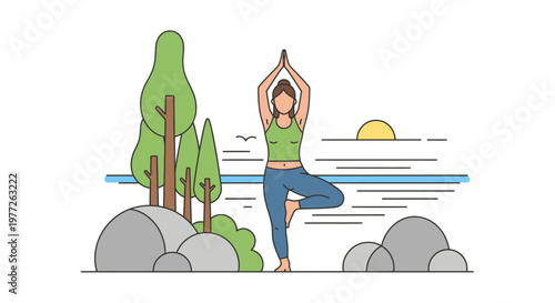 Woman in yoga pose outdoors with trees sun and water illustration