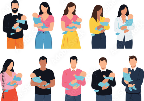 Parents holding babies collection with mothers and fathers caring for newborns in flat vector style, family parenting and childcare illustrations isolated on white background