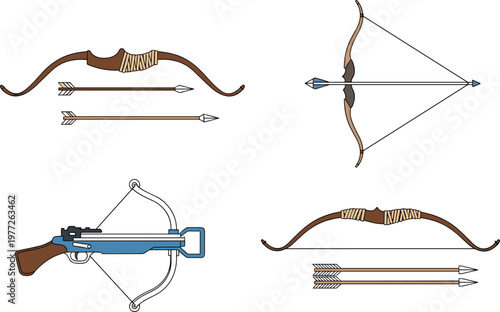 Bow Arrow and Crossbow Illustration Set with Archery Weapons for Hunting Sport and Medieval Fantasy Equipment Design Collection