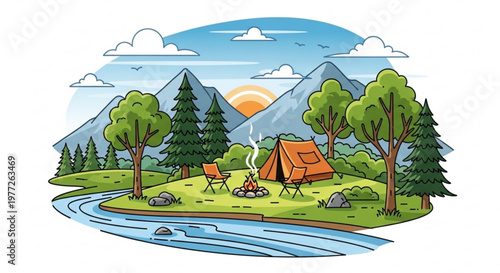 A serene camping scene with a tent, campfire, and river in a mountainous landscape at sunset