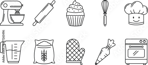Baking Tools Line Icon Set with Mixer Rolling Pin Cupcake Whisk Chef Hat Measuring Cup Flour Oven Mitt Carrot and Oven for Kitchen Design