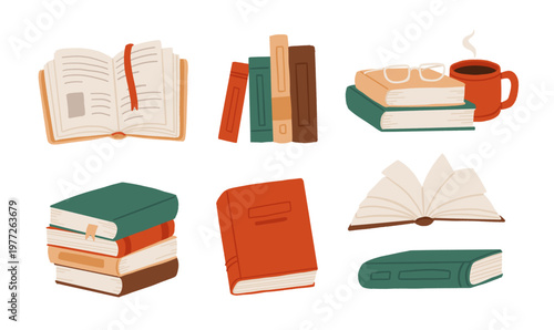 Books collection with open and closed hardcovers, stacked volumes, reading glasses and coffee mug. Flat vector illustration of education, literature and study elements isolated set