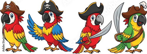 Pirate parrot cartoon characters with swords and hats, colorful tropical birds dressed as pirates, adventure animal illustration set for kids design, fantasy and sea themes