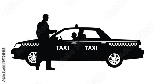 A taxi driver and passenger depicted in a striking black silhouette
