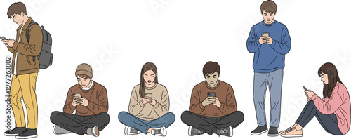 People using smartphones collection with sitting and standing characters in flat vector style, modern lifestyle and social media addiction concept isolated on white background