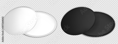 Round box with shadow. Empty oval package in black and white top view. Open elegant chocolate packaging inside illustration. Slim parcel design set. 3d shop case for mail delivery presentation