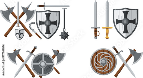 Medieval Weapon and Shield Illustration Set with Swords Axes Maces and Armor for Fantasy Battle Design and Warrior Equipment Collection