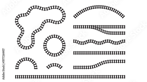 Train tracks set with various curves and straight lines, ideal for railway or transportation designs.