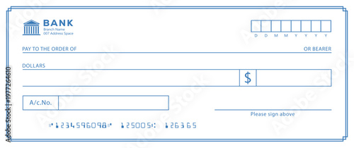 Bank check, vector blank money cheque, checkbook template with guilloche pattern and fields. Currency payment coupon, money check background