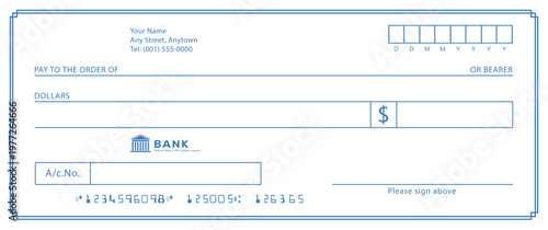 Bank check, vector blank money cheque, checkbook template with guilloche pattern and fields. Currency payment coupon, money check background