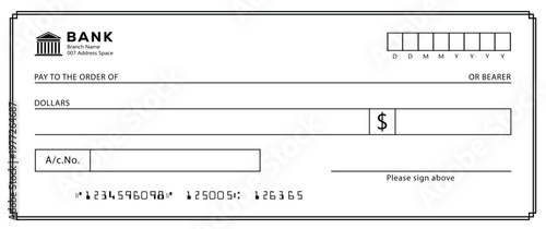 Bank check, vector blank money cheque, checkbook template with guilloche pattern and fields. Currency payment coupon, money check background